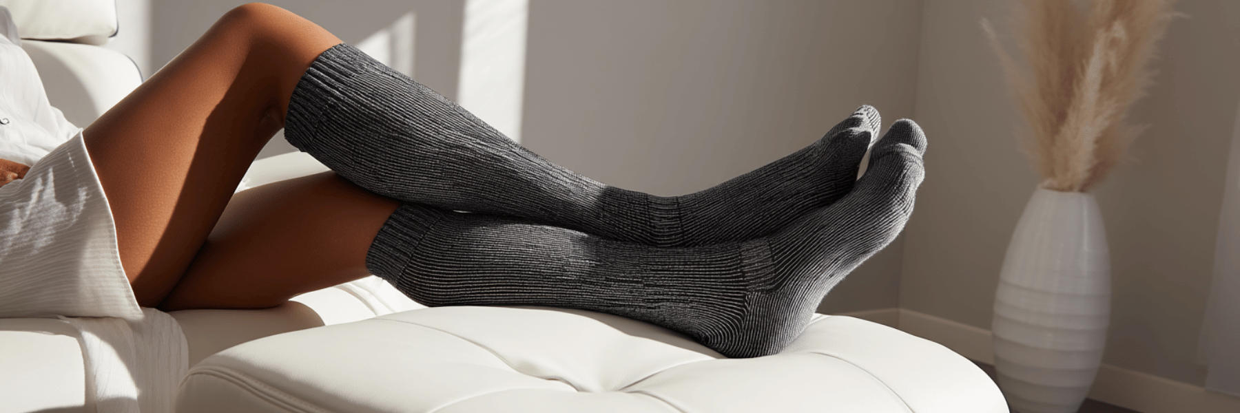 Person relaxing with dark ribbed compression socks on white furniture, soft natural lighting through window creating gentle shadows.
