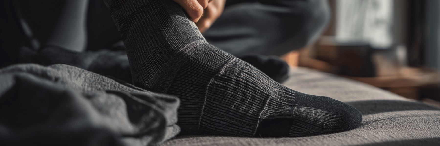 Person massaging foot with compression sock nearby, showing plantar fasciitis relief in calm home setting with natural light.RetryClaude can make mistakes. Please double-check responses.