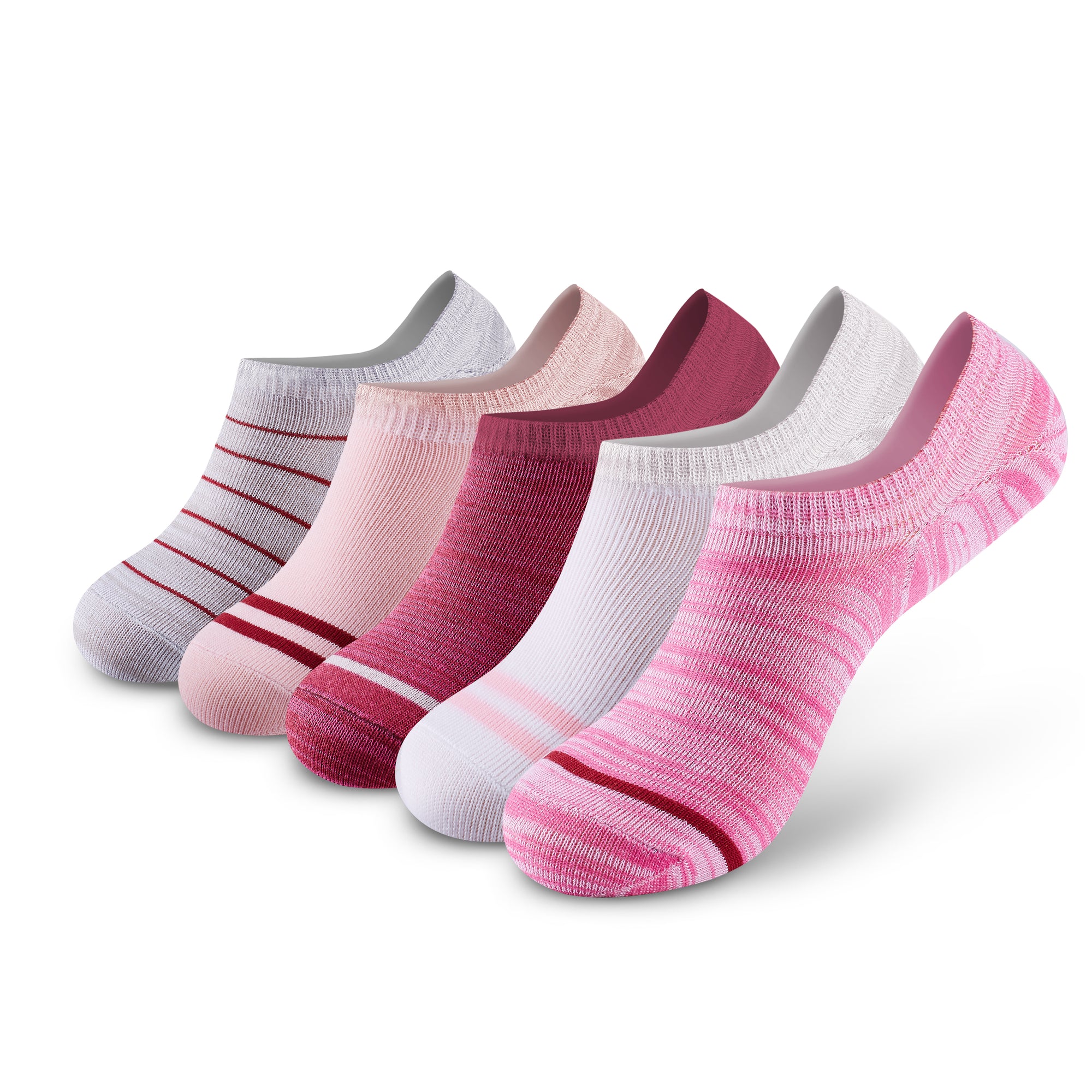 Five pair of white and pink socks.