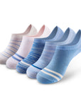 Five pair of white and blue socks.