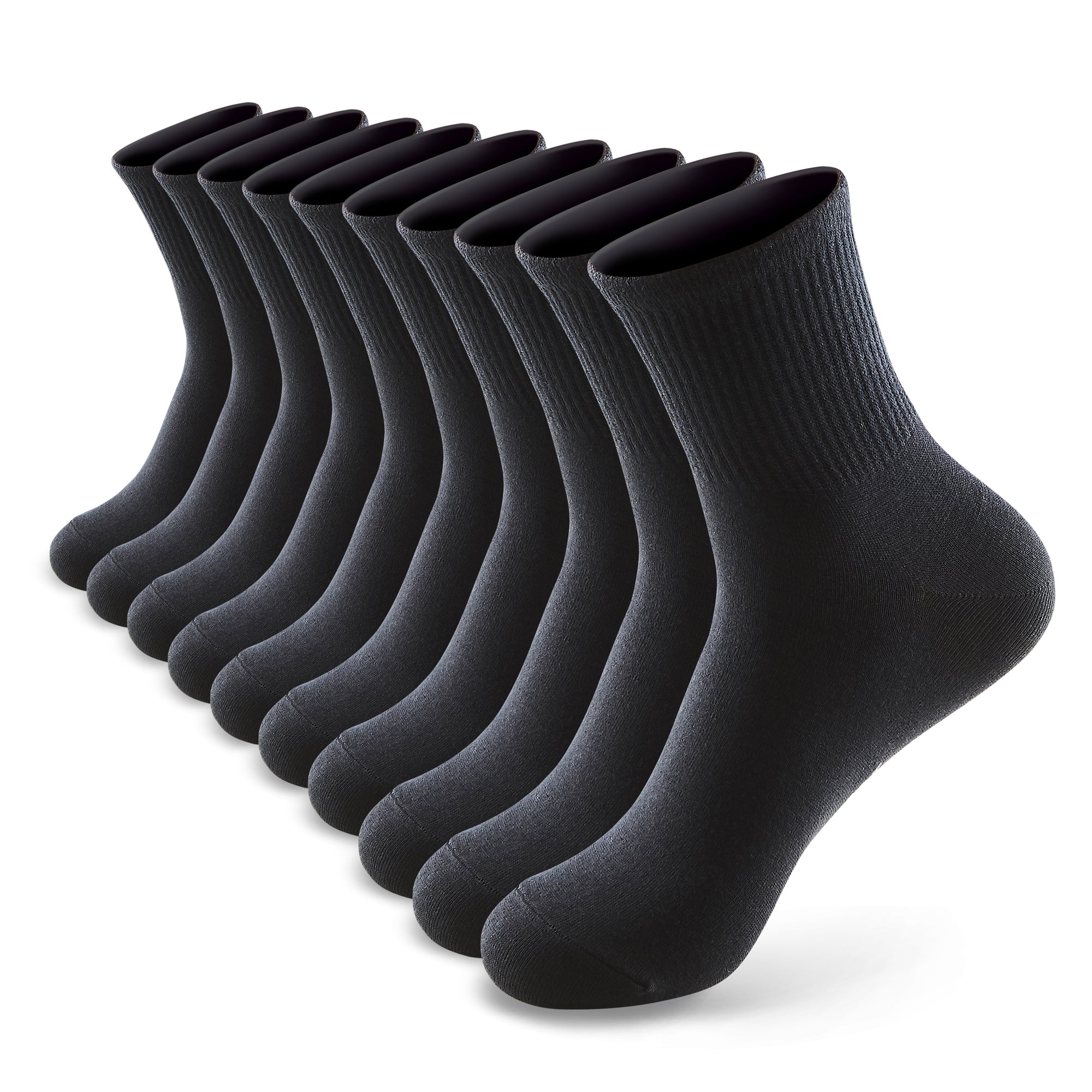 A dozen of black socks on a white background.