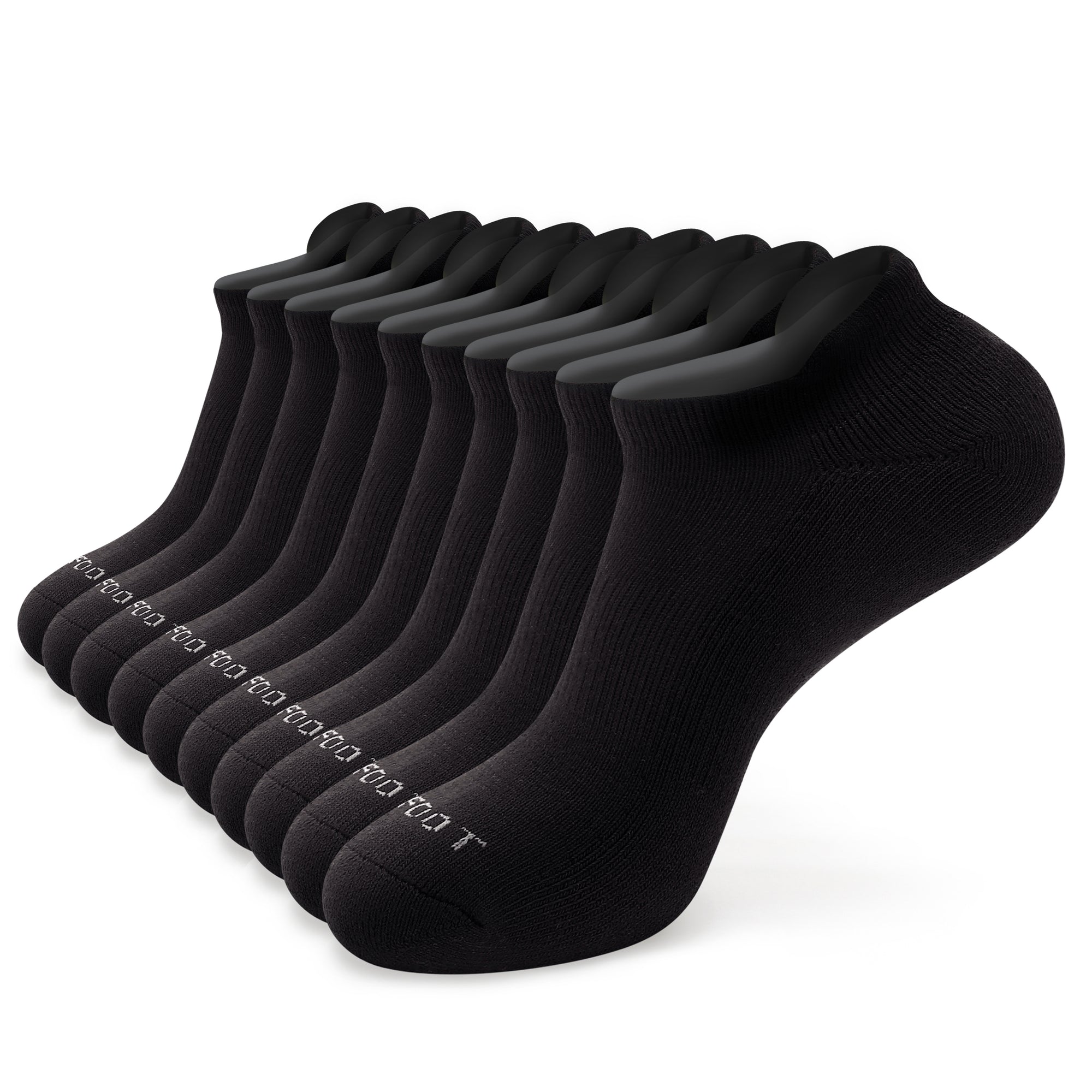 A dozen of black socks sitting on top of each other.