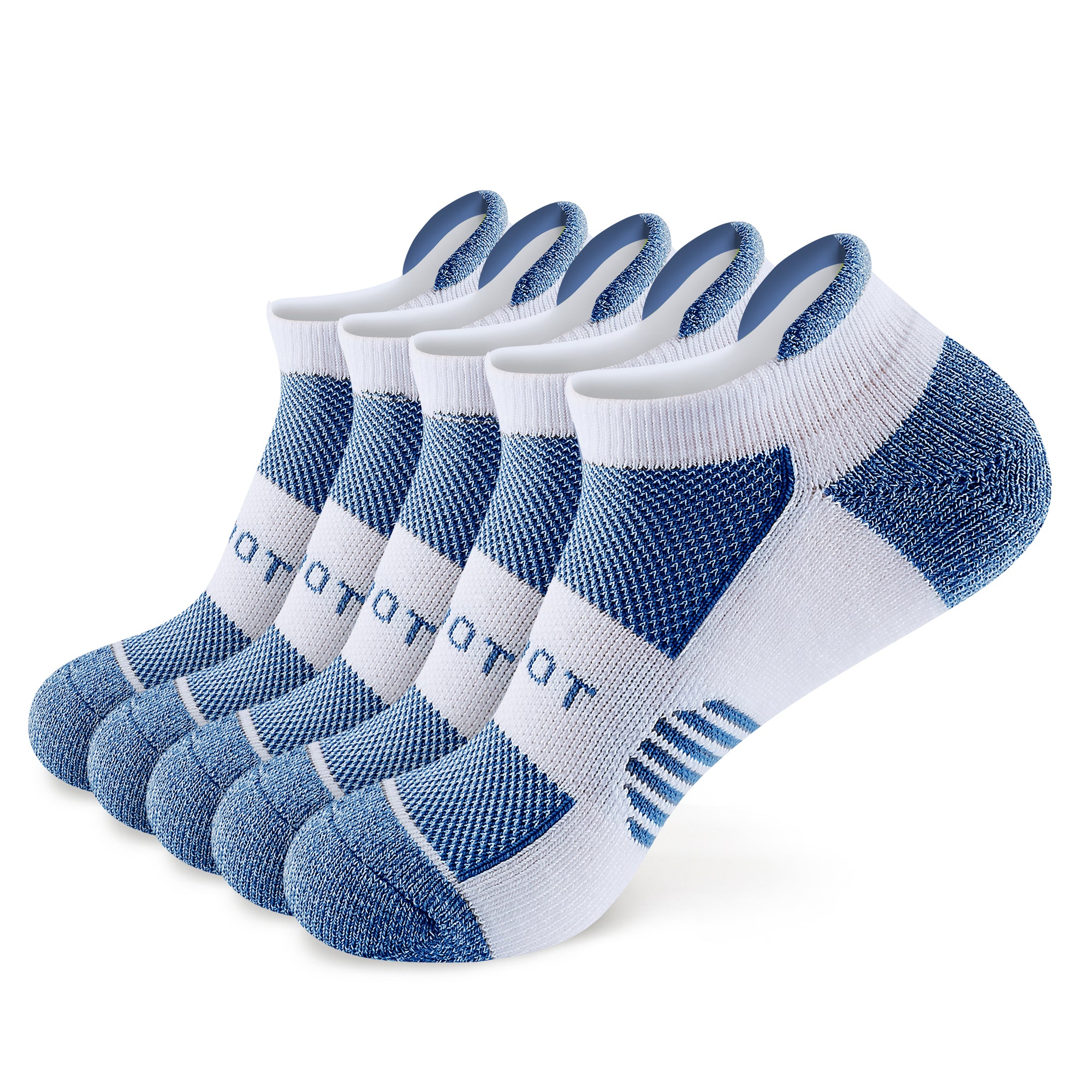 Five pair of white and blue socks.