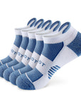 Five pair of white and blue socks.