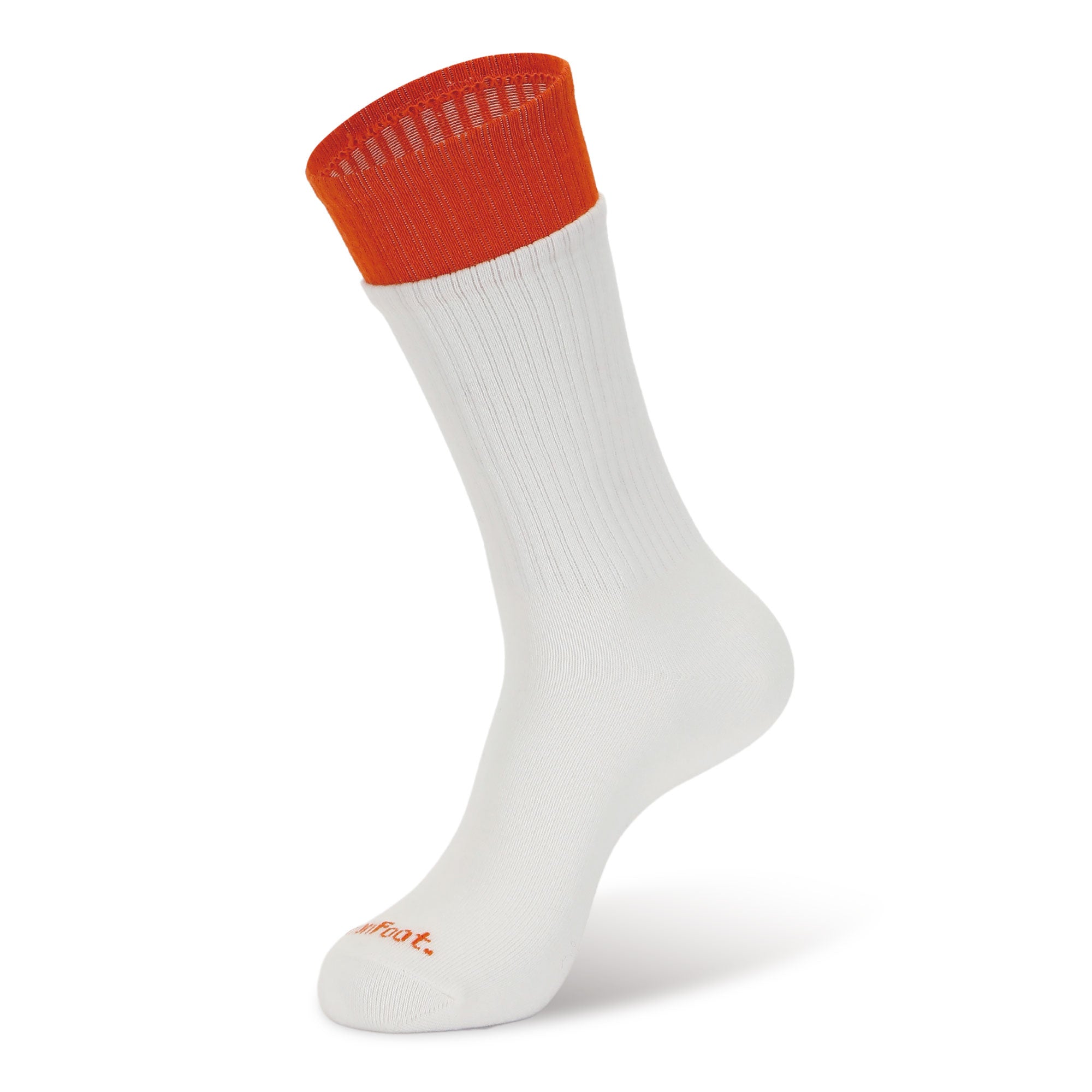 A pair of white and orange socks on a white background.