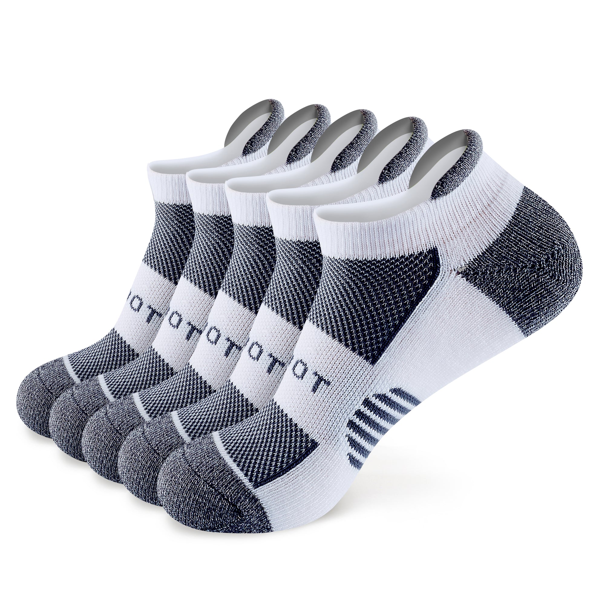 Five pair of black and white socks.