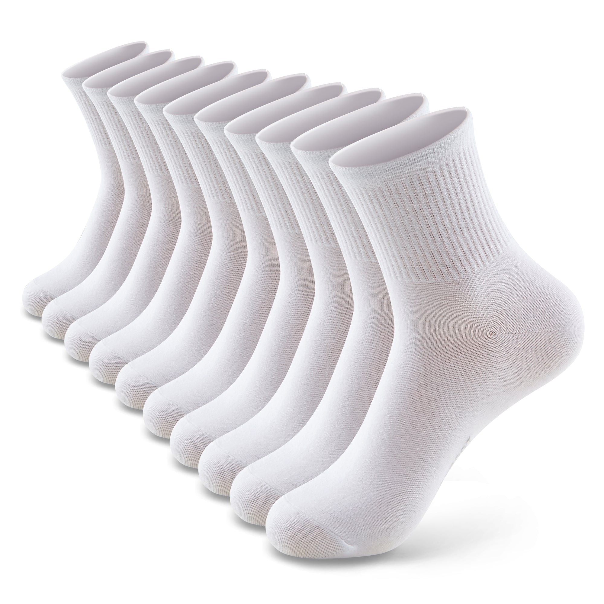 A row of white socks on a white background.