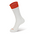 A pair of white socks with a red top.