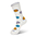 A pair of white socks with blue and orange dots.