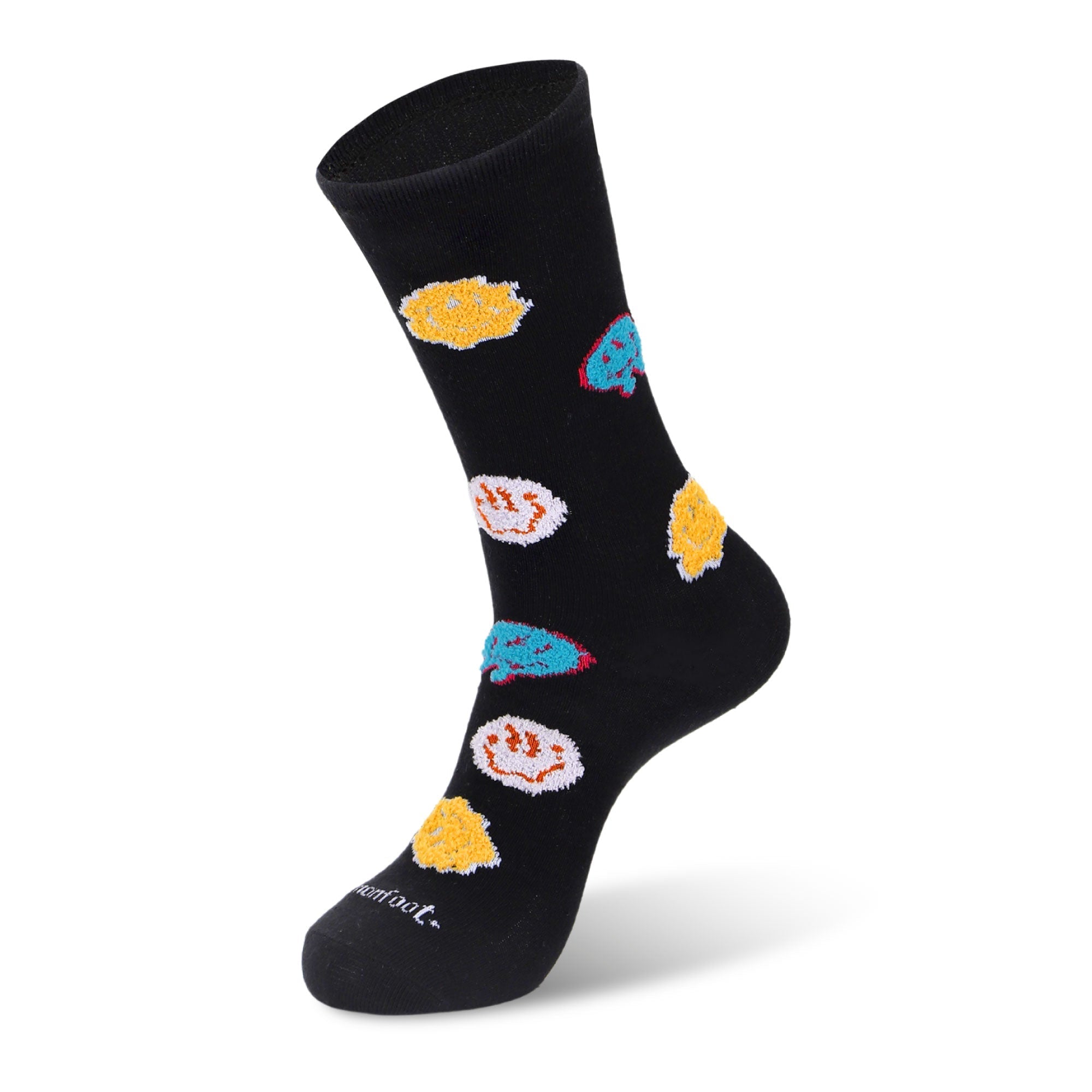 A pair of black socks with cartoon characters on them.