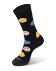 A pair of black socks with cartoon characters on them.