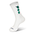 A pair of white socks with green letters.