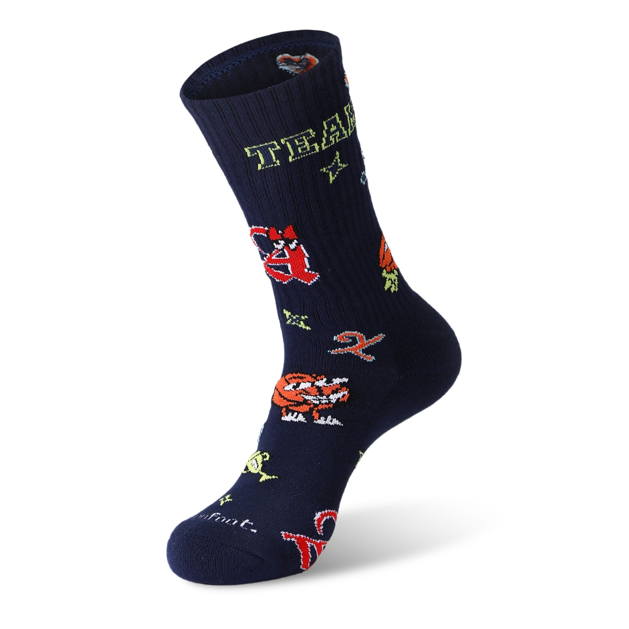 A pair of blue socks with the words georgetown on them.
