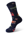 A pair of blue socks with the words georgetown on them.