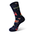 A pair of black socks with colorful flowers on them.