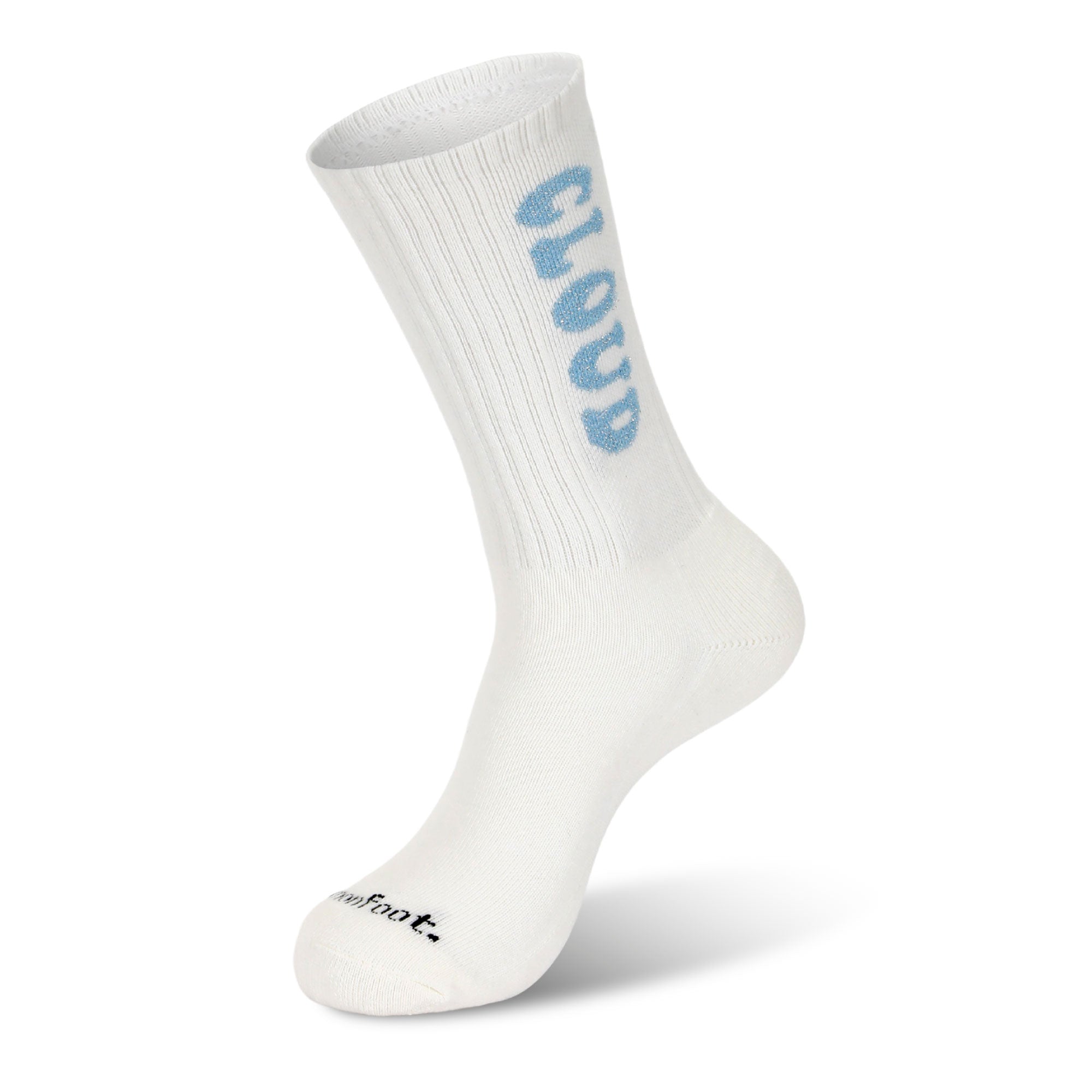 A pair of white socks with the word cloud on it.