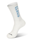 A pair of white socks with the word cloud on it.