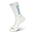 A pair of white socks with blue letters.