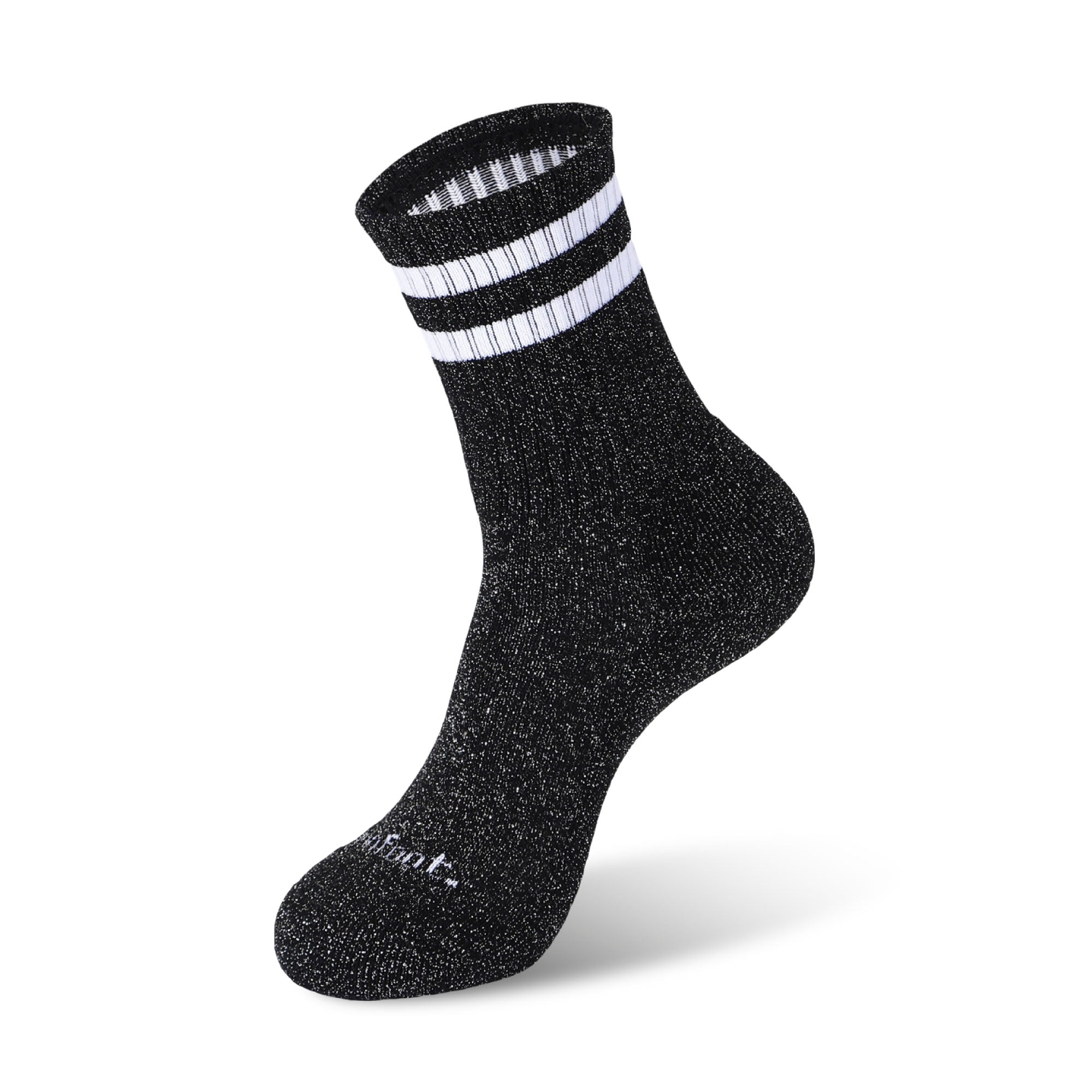 A pair of black socks with white stripes.