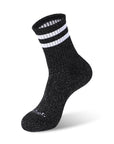 A pair of black socks with white stripes.