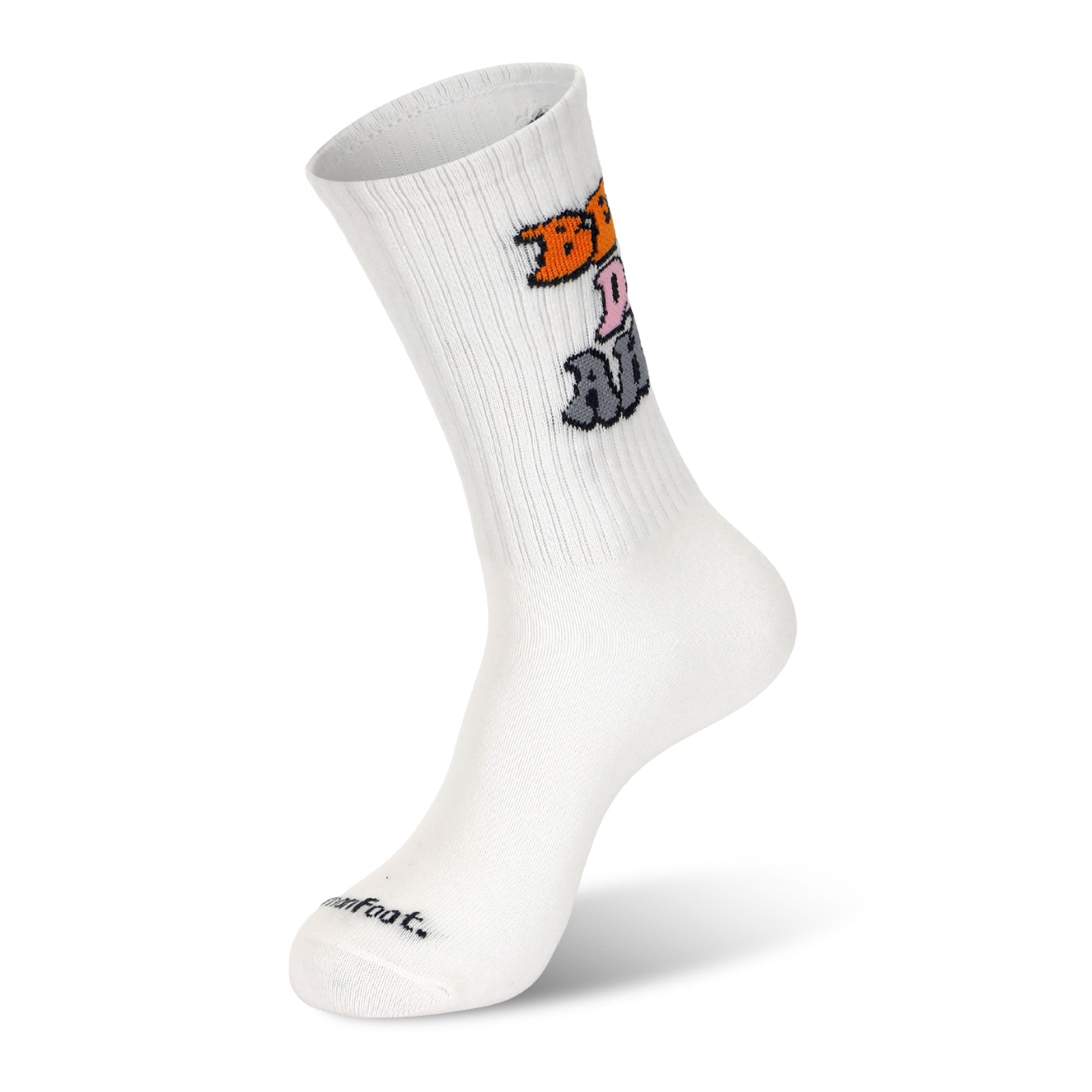 A white sock with a dog on it.