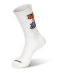 A white sock with a dog on it.