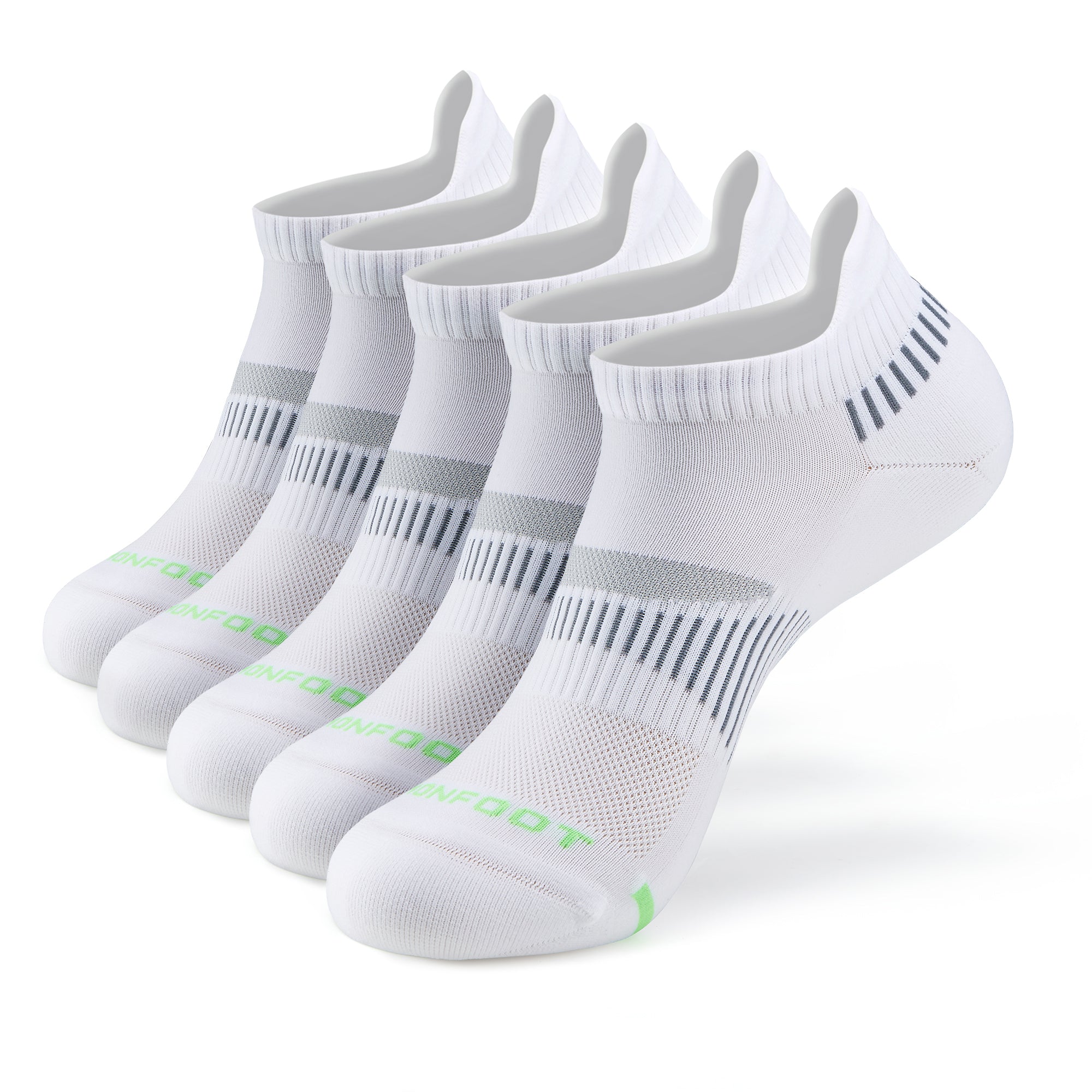 Five pairs of white ankle socks neatly arranged in a row, each featuring a minimalist design with subtle gray stripes and the word 'Monfoot' in green on the toe. The socks have a ribbed cuff and mesh panels for breathability.