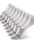 A row of white socks with blue stripes.