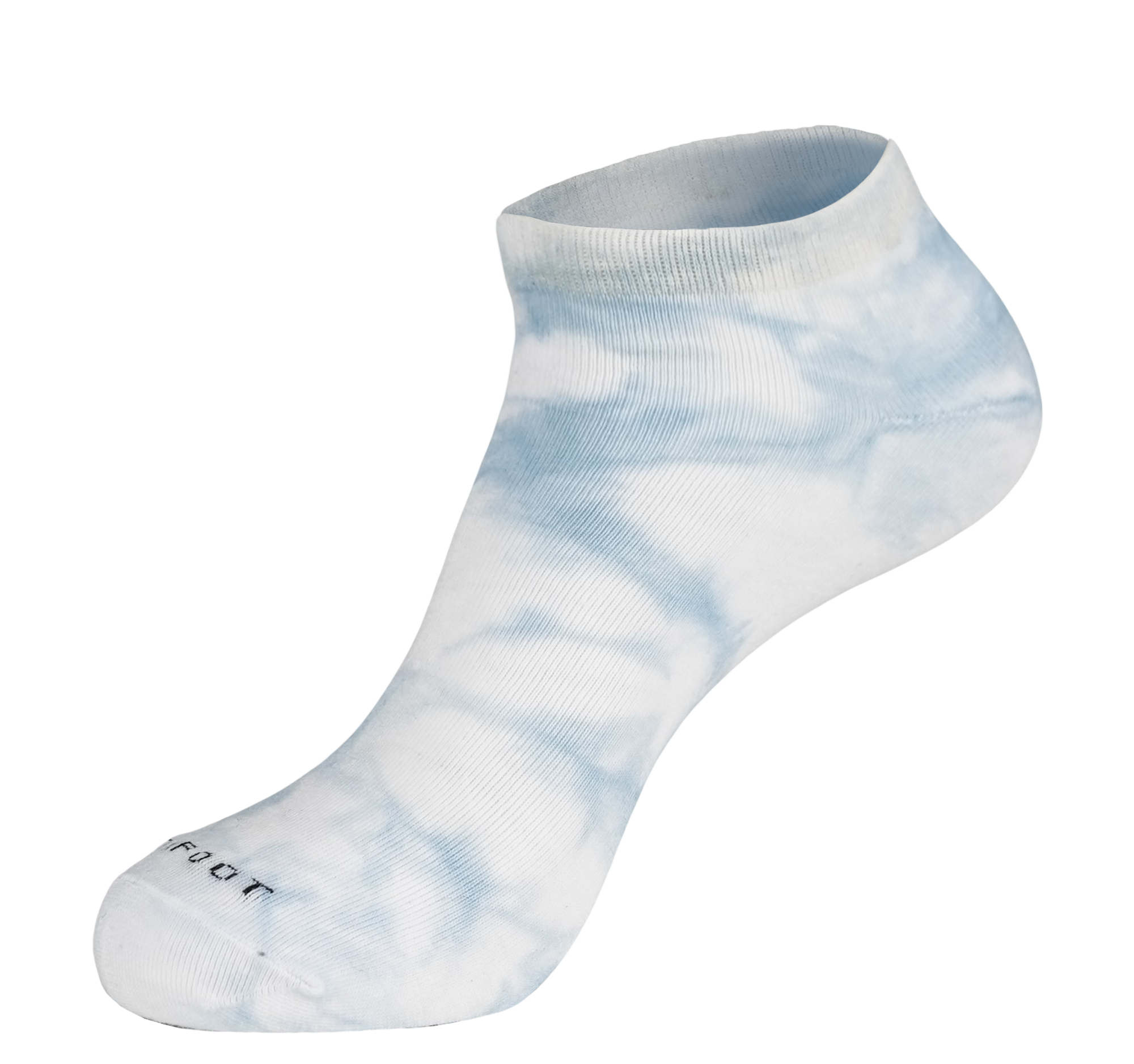 A pair of white socks with a blue tie dye pattern.