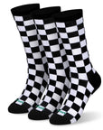 Three pair of black and white and red socks.