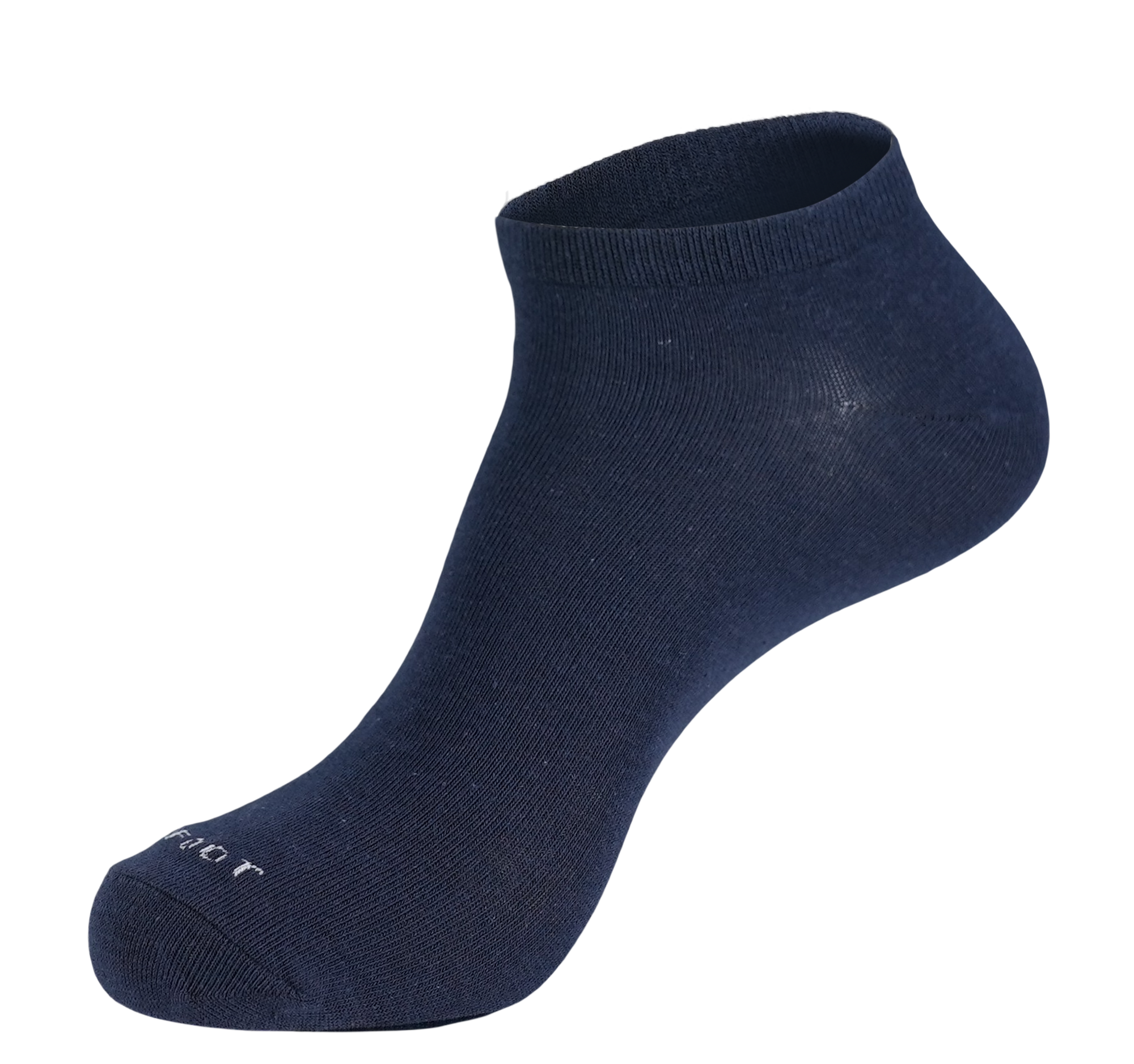 A pair of blue socks with a white logo.