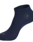 A pair of blue socks with a white logo.