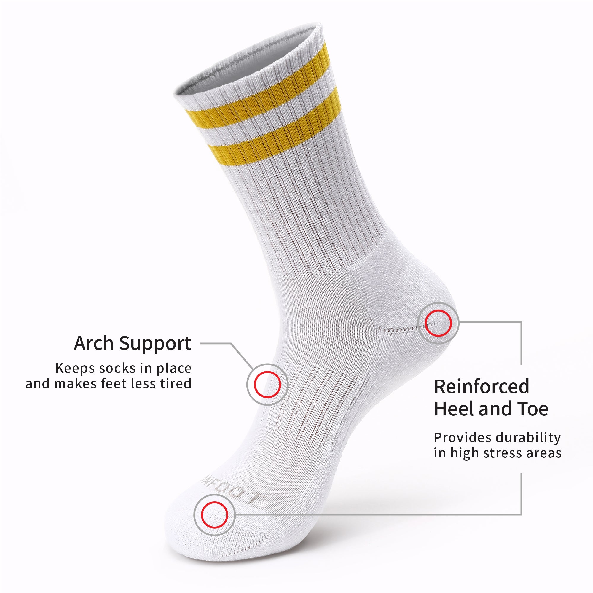 A pair of white socks with yellow stripes.