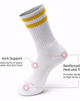 A pair of white socks with yellow stripes.