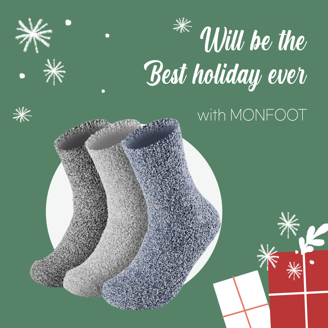 Three pairs of socks with gift boxes and snowflakes.