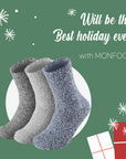 Three pairs of socks with gift boxes and snowflakes.