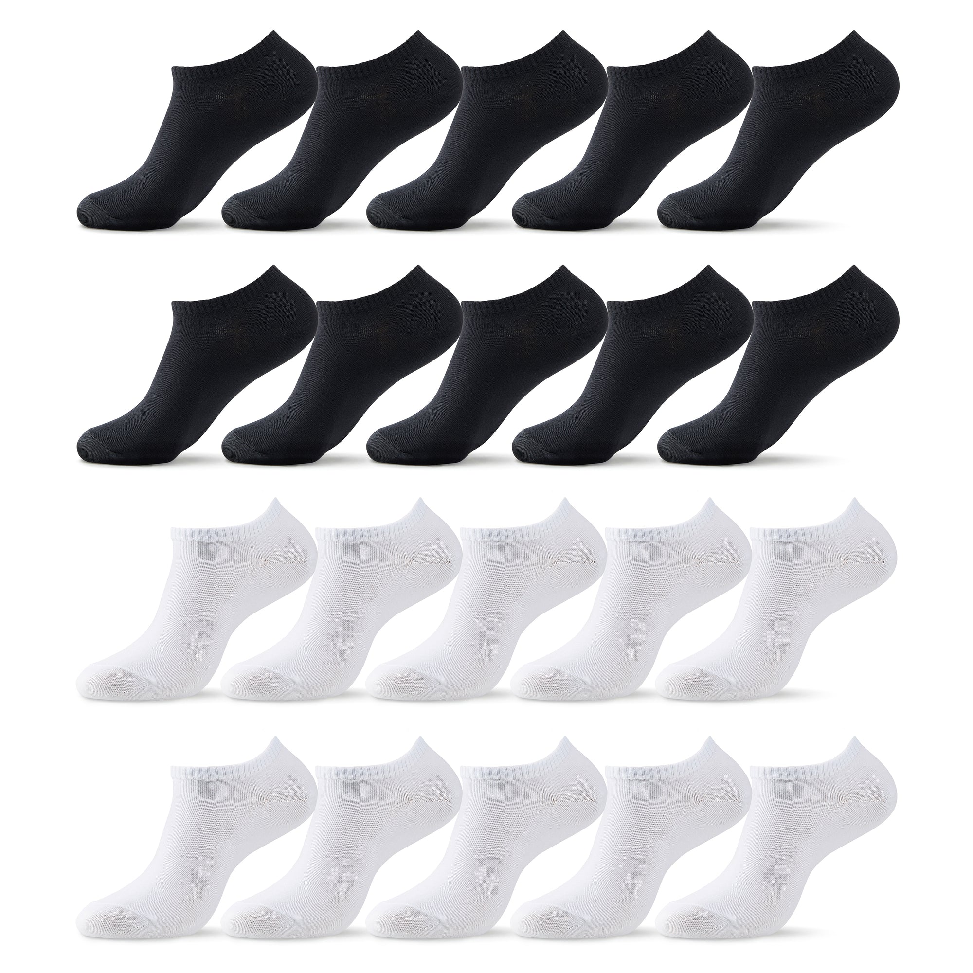 Six pair of black and white socks.
