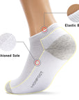 A pair of white ankle socks with the words elastic bands and cushioned sole.