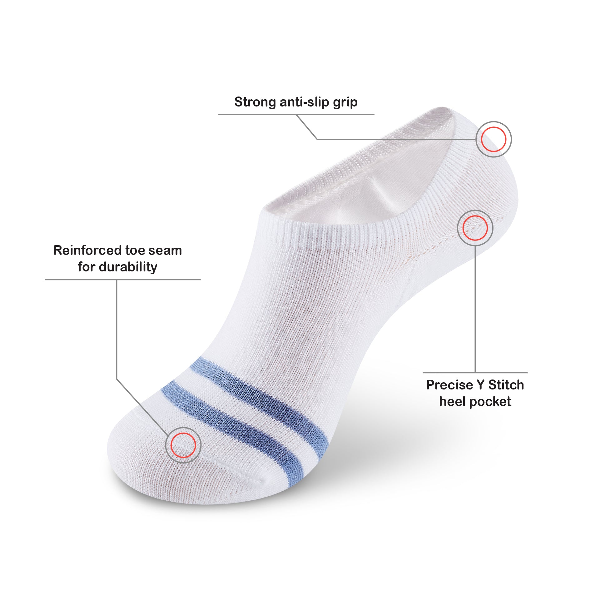 A pair of white socks with blue stripes.