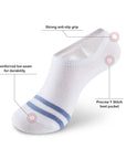 A pair of white socks with blue stripes.