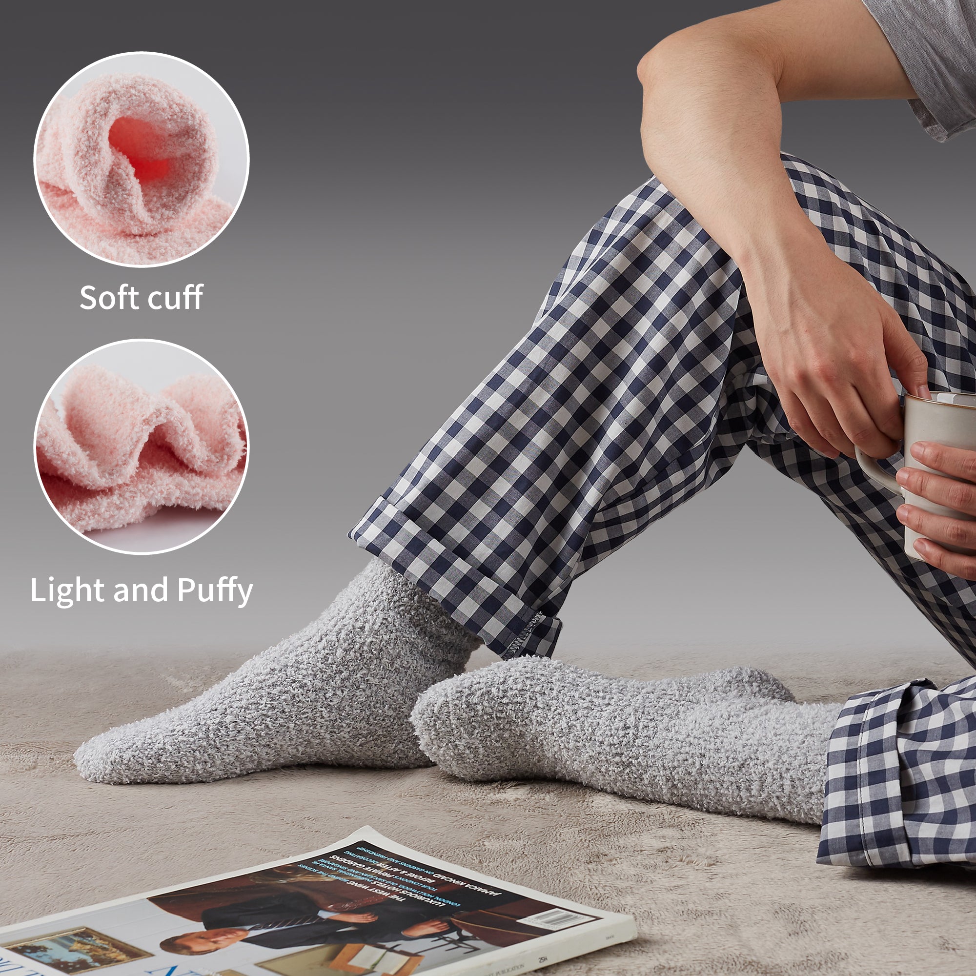 A person sitting on the floor with their feet on a coffee cup.