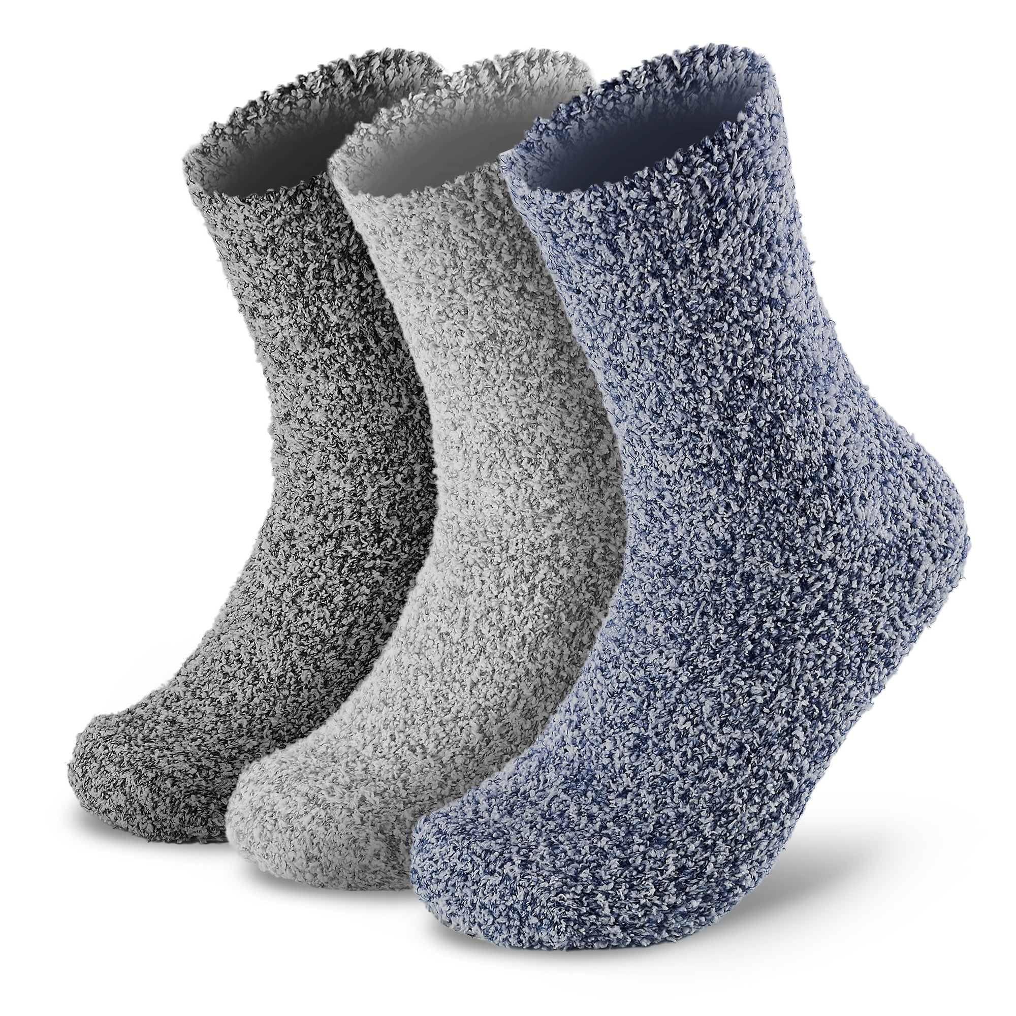 Three pairs of socks with fuzzy socks on them.