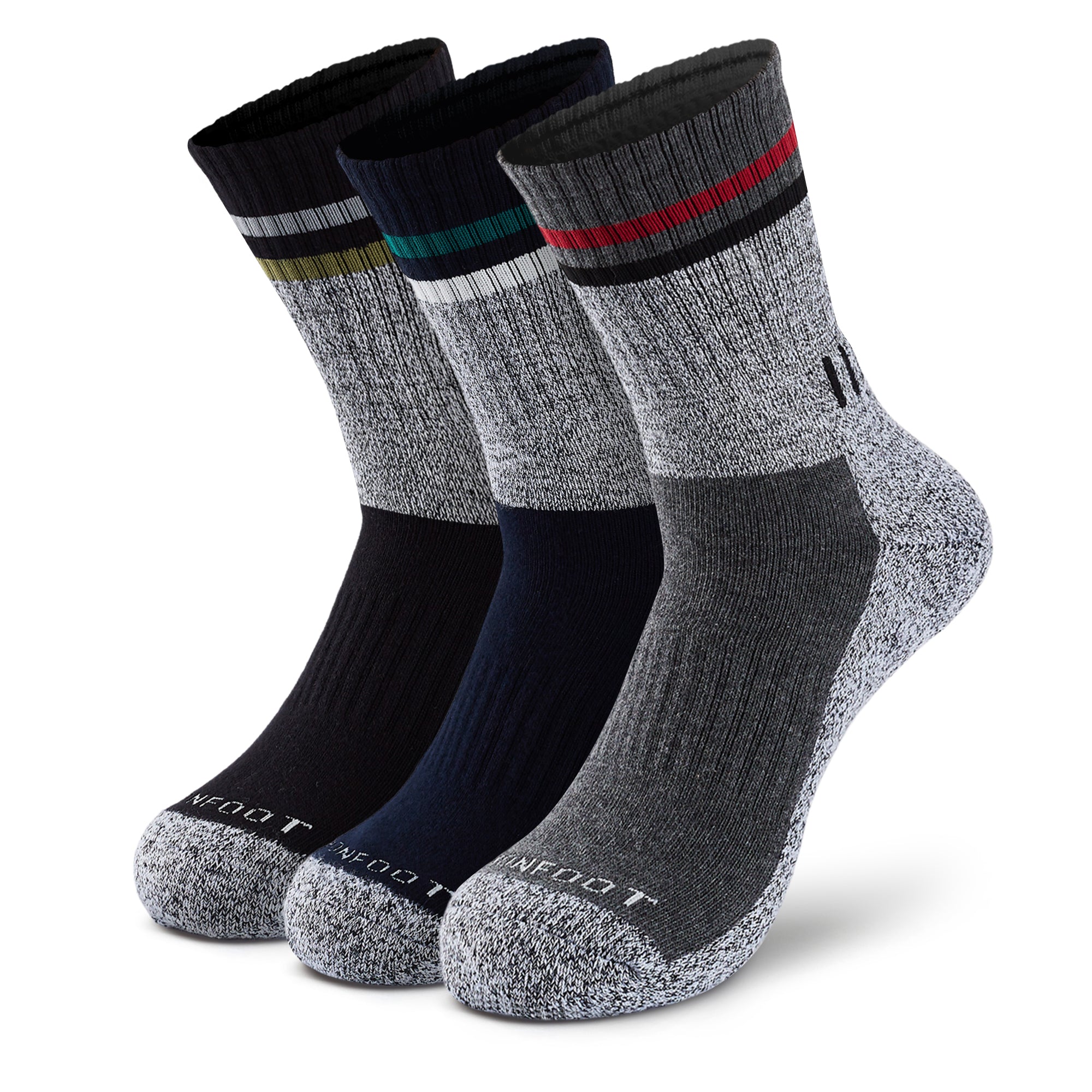 Three pairs of men's socks with different colors.