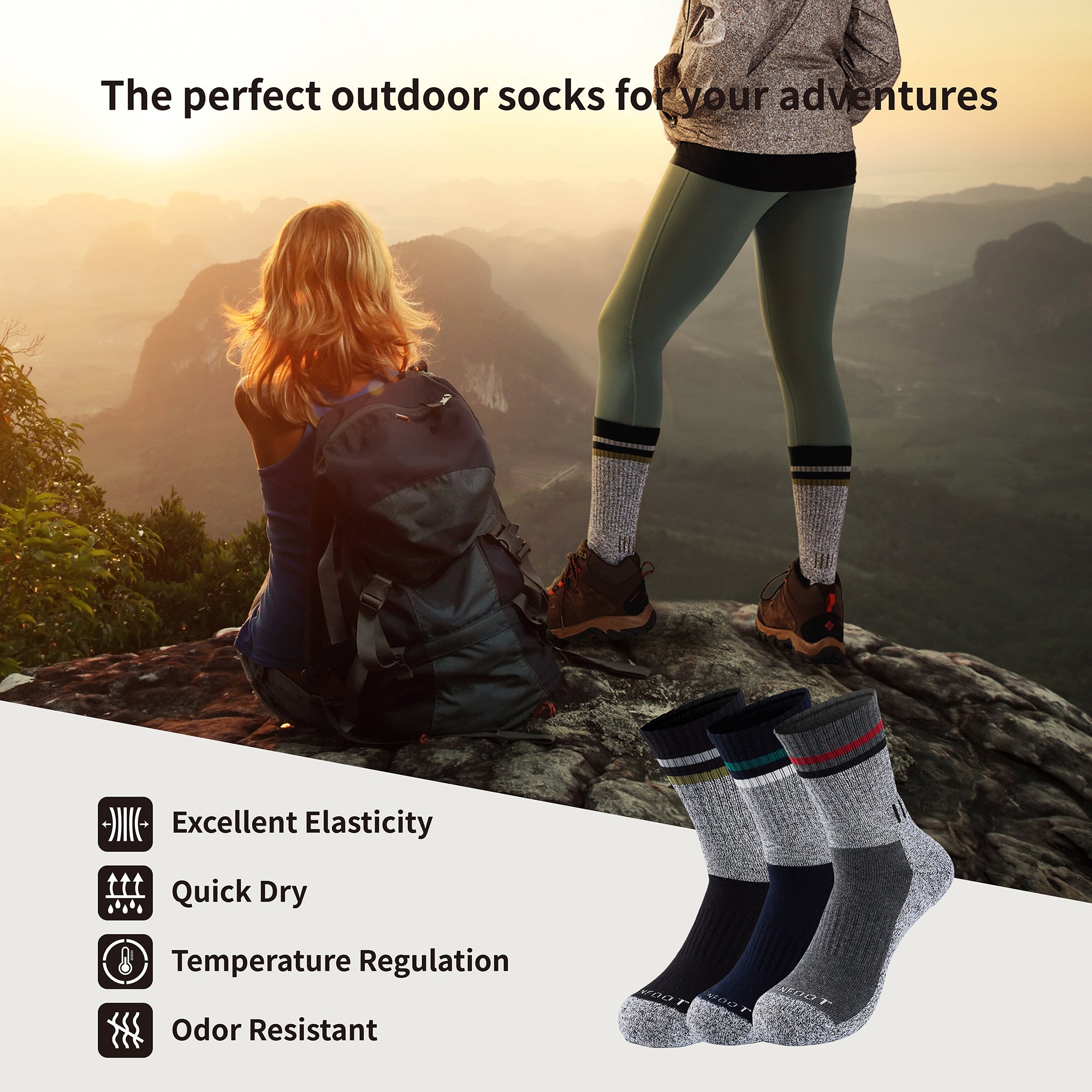 A woman sitting on top of a mountain next to a pair of socks.