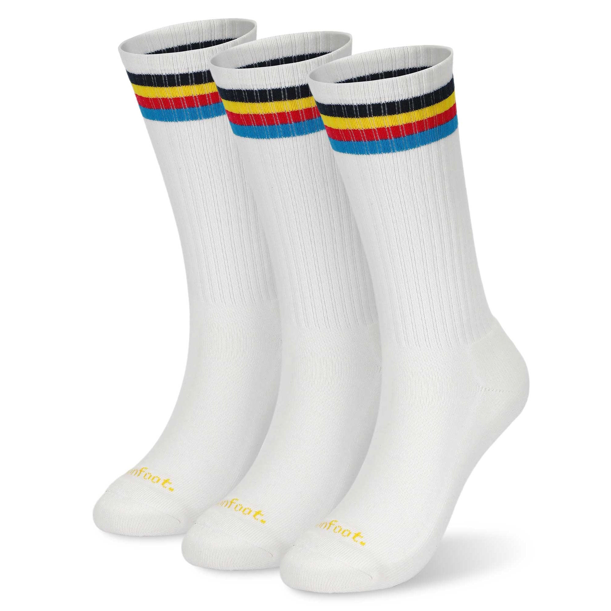 Three pair of white and colorful socks.