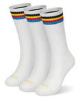 Three pair of white and colorful socks.