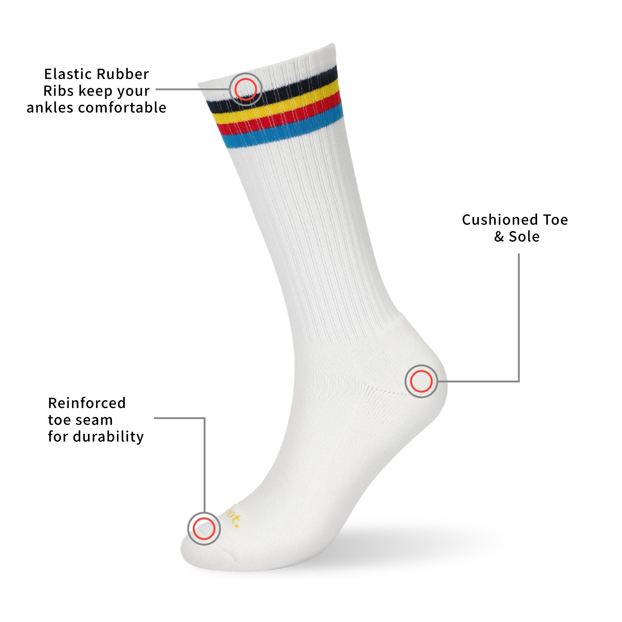 A pair of white socks with red, blue, and yellow stripes.