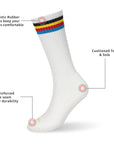 A pair of white socks with red, blue, and yellow stripes.