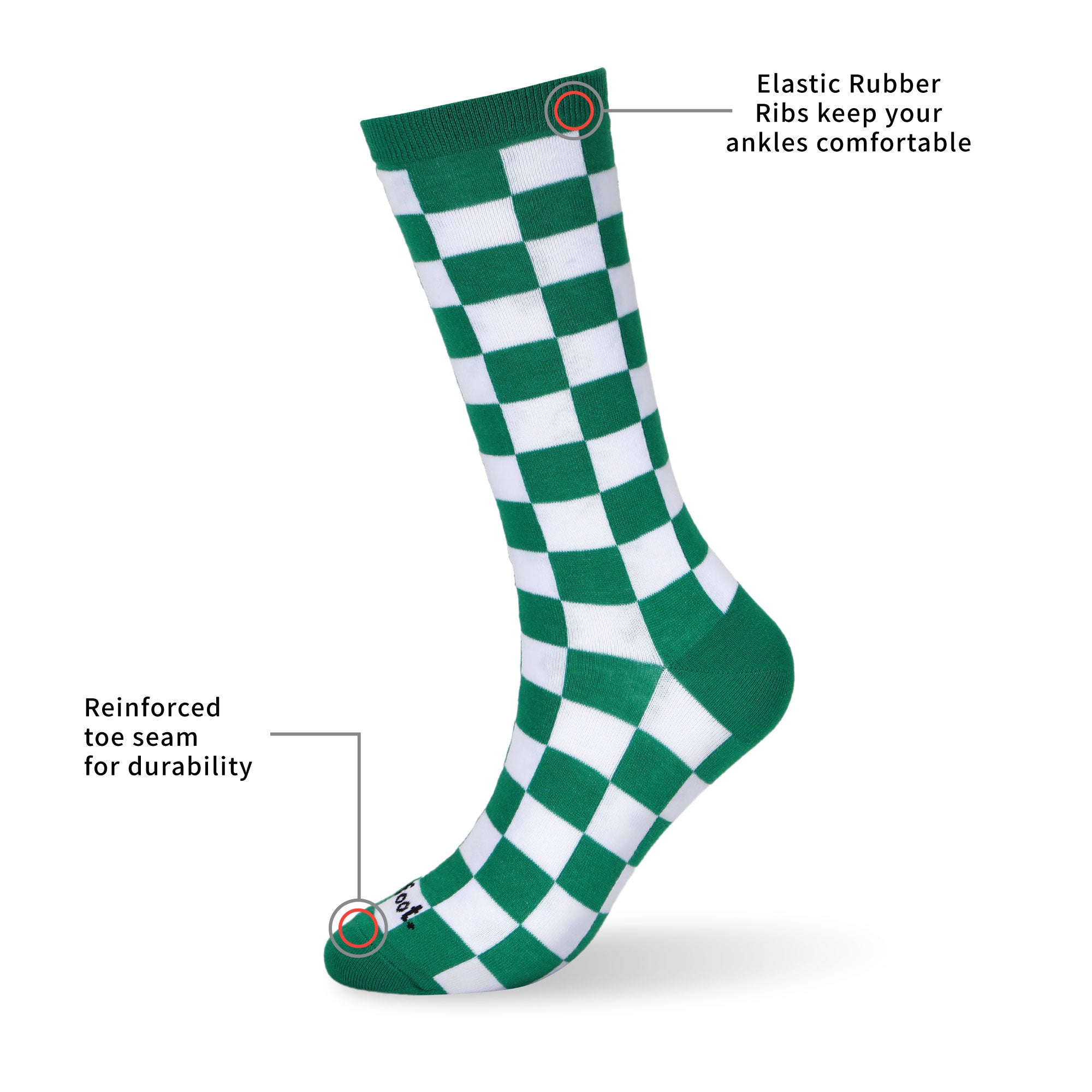 A green and white checkered sock with information.