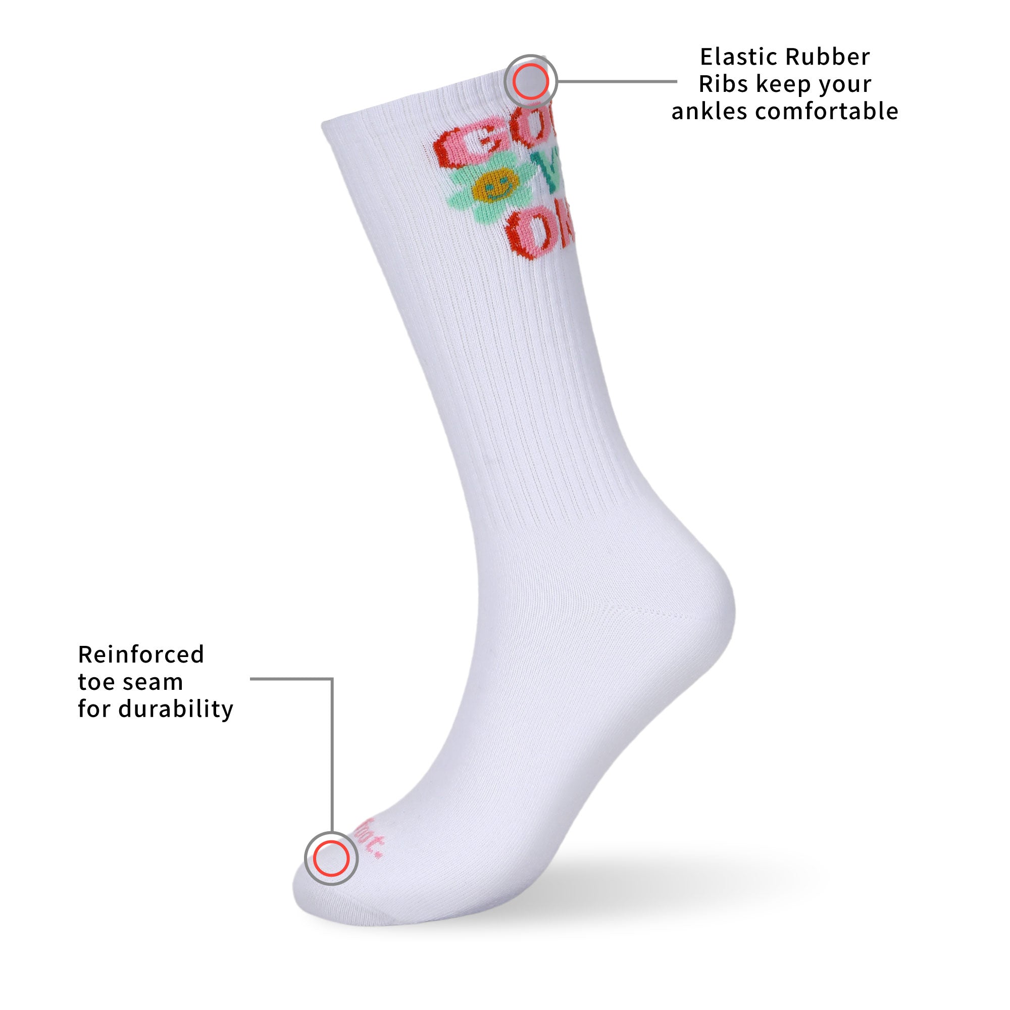 A pair of white socks with flowers on them.